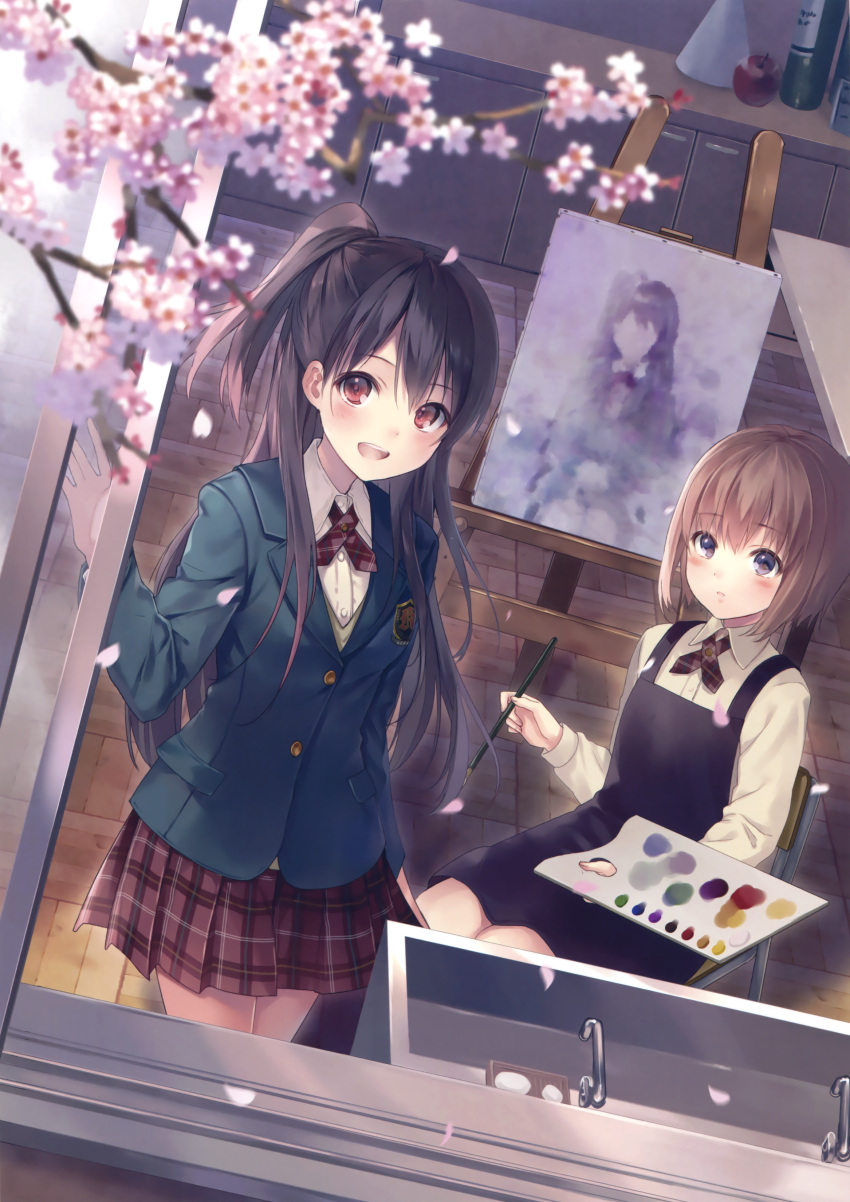 2girls, :d, absurdres, apple, apron, art_room, blazer, blurry, blush, brown_hair, canvas_(object), chair, cherry_blossoms, collared_shirt, depth_of_field, dress, dutch_angle, easel, faucet, food, fruit, fukahire_sanba, highres, holding_paintbrush, jacket, long_hair, long_sleeves, multiple_girls, one_side_up, open_mouth, open_window, original, palette, parted_lips, petals, plaid, plaid_skirt, pleated_skirt, red_eyes, red_skirt, scan, school_uniform, shirt, sink, sitting, skirt, smile, standing, violet_eyes, window, wing_collar, wooden_floor