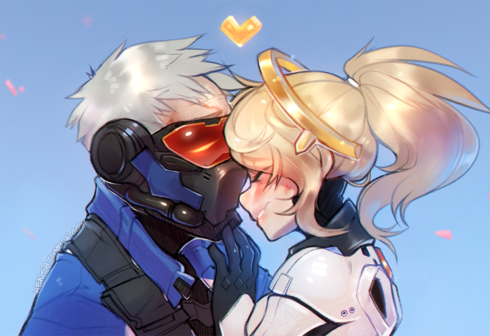 1boy, 1girl, ^_^, blonde_hair, blue_background, blush, bodysuit, closed_eyes, couple, face-to-face, gloves, grin, hand_on_another's_chin, heart, hensa, hetero, high_ponytail, jacket, mask, mechanical_halo, mercy_(overwatch), overwatch, petals, ponytail, scar, short_hair, silver_hair, smile, soldier:_76_(overwatch), watermark, web_address
