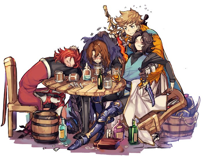 4boys, armor, barrel, black_hair, blonde_hair, bottle, brown_hair, drunk
