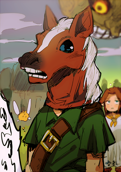 1boy, 1girl, aoki_(fumomo), fairy, horse_mask, moon, navi, redhead