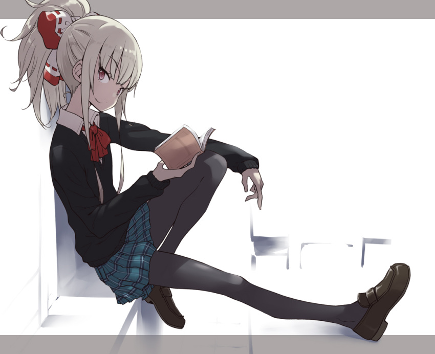 1girl, alternate_costume, black_legwear, blue_skirt, book, bow, fujiwara_no_mokou, hair_bow, hama_chon, high_ponytail, long_hair, long_sleeves, looking_at_viewer, pantyhose, plaid, plaid_skirt, ponytail, school_uniform, shoes, sidelocks, simple_background, sitting, skirt, solo, sweater, touhou