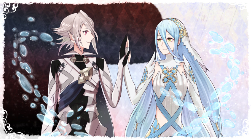 1boy, 1girl, aqua_(fire_emblem_if), blue_hair, chlxms, fire_emblem, fire_emblem_if, hands_together