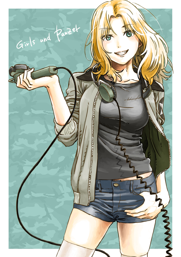 1girl, blonde_hair, blue_eyes, bomber_jacket, breasts, girls_und_panzer, headphones, headphones_around_neck, jacket, kay_(girls_und_panzer), long_hair, makio, shirt, shorts, smile, solo, t-shirt, thigh-highs, thumb_in_pocket, white_legwear