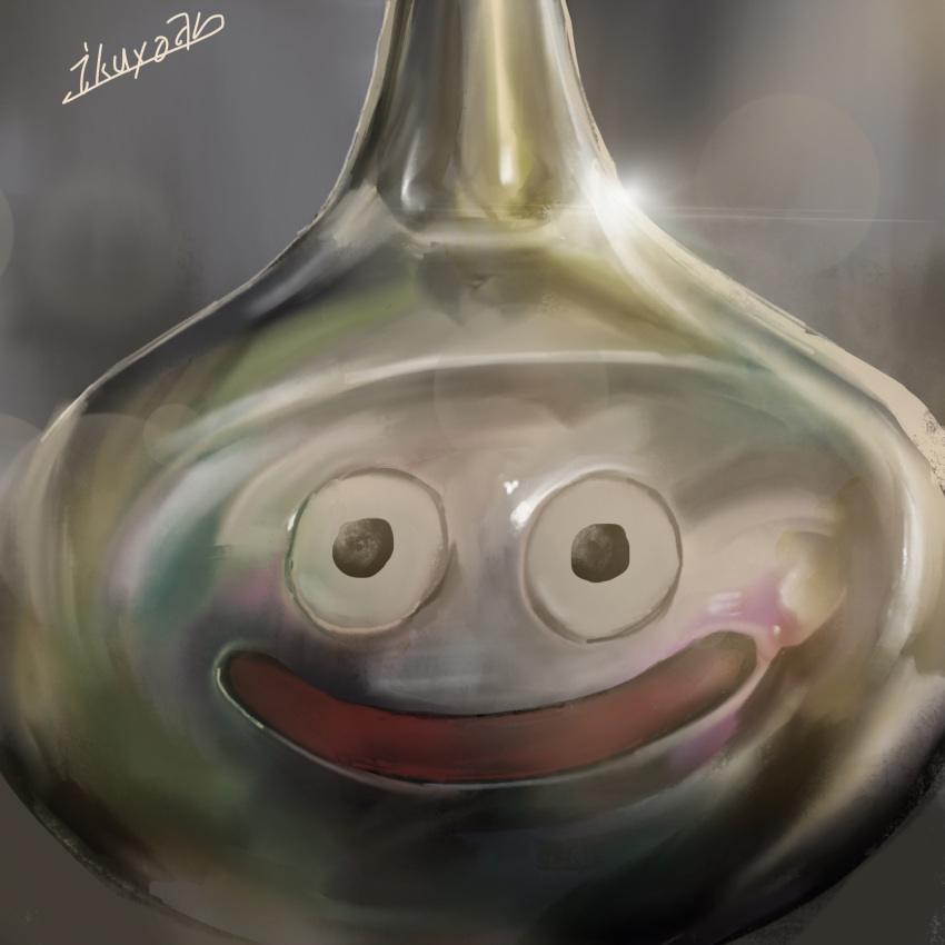 dragon_quest, highres, ikuyoan, lens_flare, metal_slime, signature, slime_(dragon_quest), smile, solo