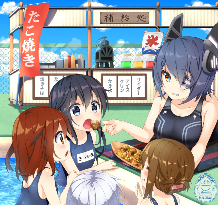 5girls, 5han, akatsuki_(kantai_collection), alternate_costume, aqua_eyes, bare_shoulders, black_hair, brown_eyes