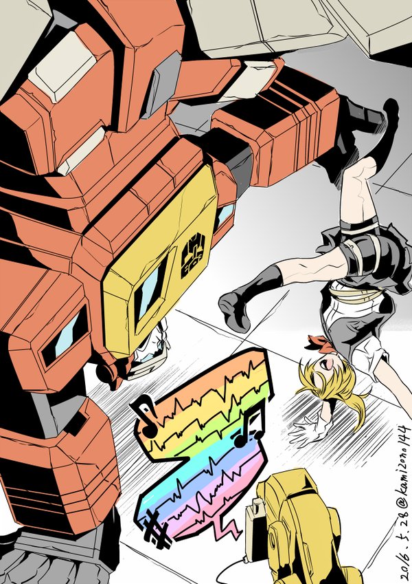 1girl, 2boys, 80s, artist_name, autobot, bangs, blaster, blonde_hair
