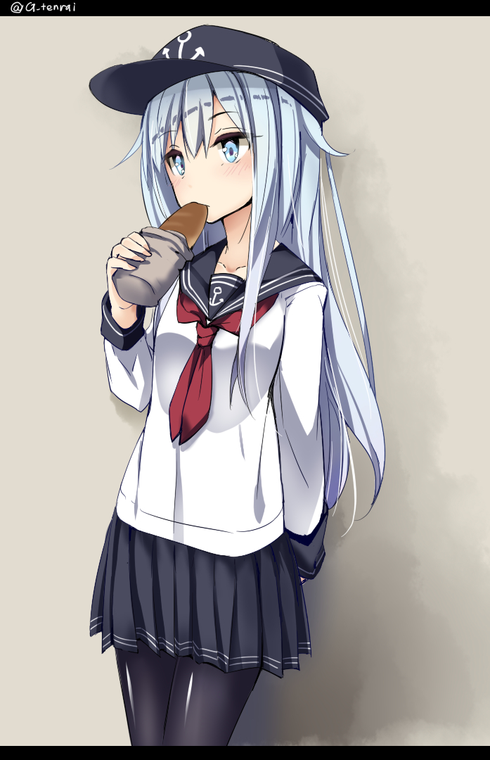 blue_eyes, blue_hair, blush, captain_cap, hibiki_(kantai_collection), kantai_collection, long_hair, personification, seifuku, skirt