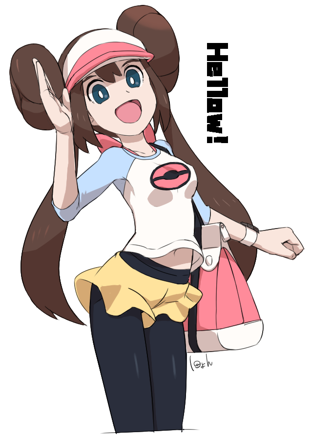 1girl, bag, blue_eyes, brown_hair, double_bun, hand_up, handbag, hosituyosi, mei_(pokemon), navel, open_mouth, pantyhose, pokemon, pokemon_(game), pokemon_bw2, short_shorts, shorts, smile, solo, twintails, visor_cap, wristband