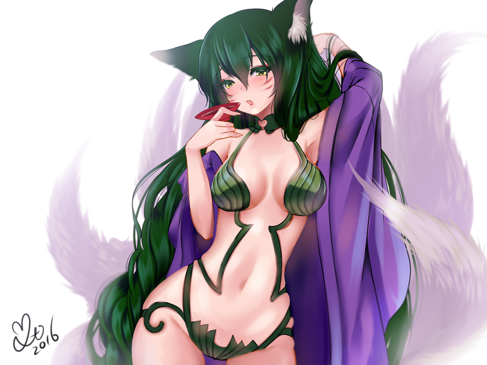 1girl, ahri, akira_b, animal_ears, blush, breasts, cosplay, facial_mark