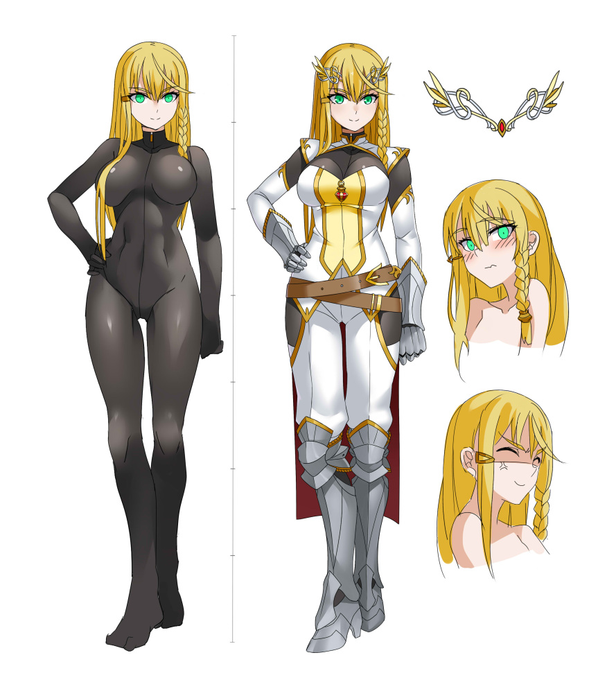 1girl, absurdres, anger_vein, blonde_hair, blush, bodysuit, braid, breasts