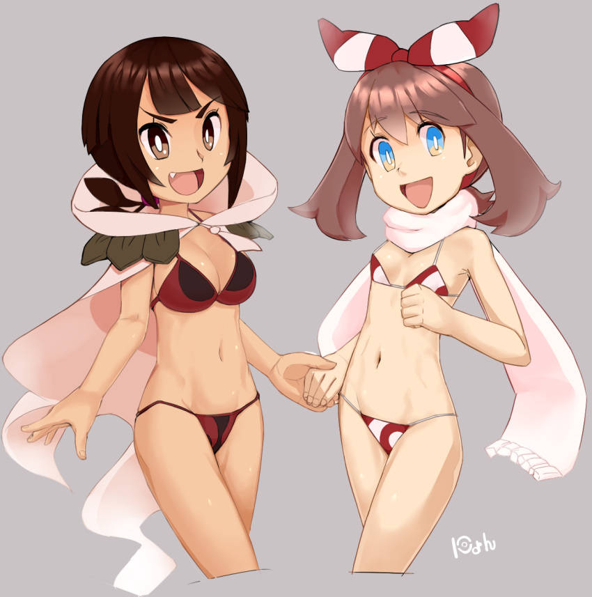 2girls, bikini, blue_eyes, breasts, brown_eyes, brown_hair, cape, fang