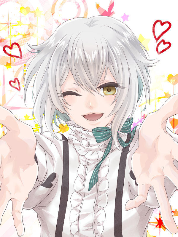 1boy, heart, i-chu, male_focus, one_eye_closed, outstretched_arms, ribbon, ron_(11739734), shirt, short_hair, silver_hair, solo, suspenders, yamanobe_mio, yellow_eyes