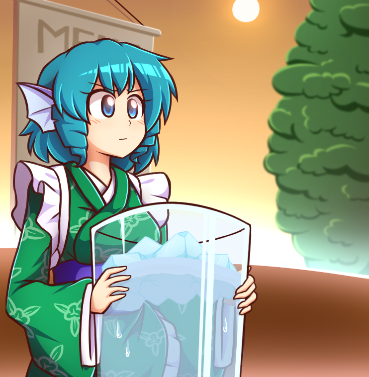 1girl, blue_hair, cup, drill_hair, head_fins, ice, japanese_clothes, kimono