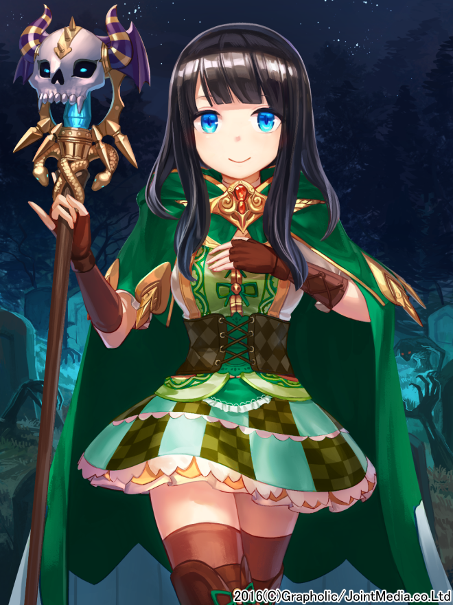 1girl, black_hair, blue_eyes, cloak, corset, fingerless_gloves, gloves, long_hair