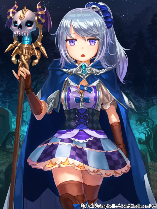 1girl, cloak, corset, fingerless_gloves, gloves, long_hair, miniskirt, official_art, ox_(baallore), ponytail, priget_plus, silver_hair, skirt, solo, staff, thigh-highs, violet_eyes, zettai_ryouiki