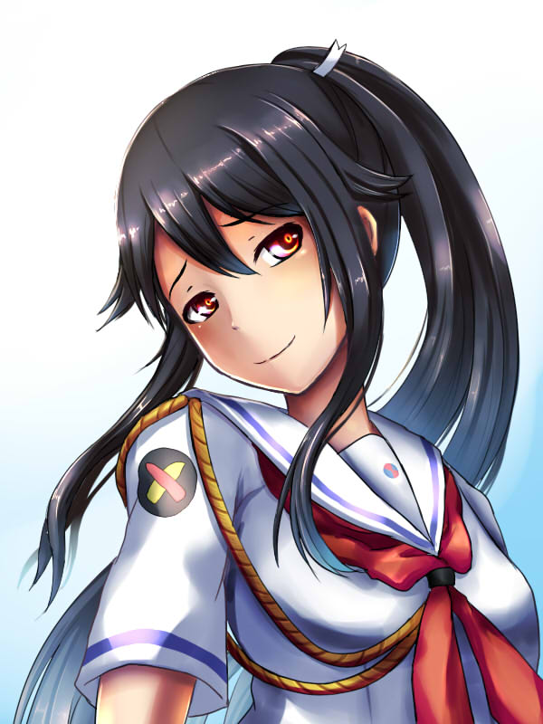 1girl, black_hair, high_school_fleet, long_hair, munetani_mashiro, nawate_(dij), ponytail, red_eyes