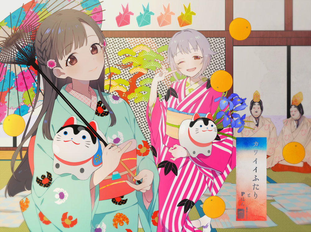 2girls, black_eyes, black_hair, blush, brown_eyes, flower, hair_flower, hair_ornament