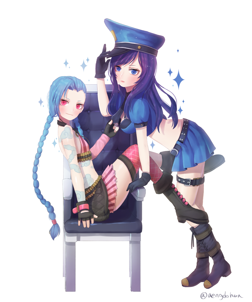 2girls, adjusting_clothes, adjusting_hat, belt, blue_eyes, blue_hair, boots, braid