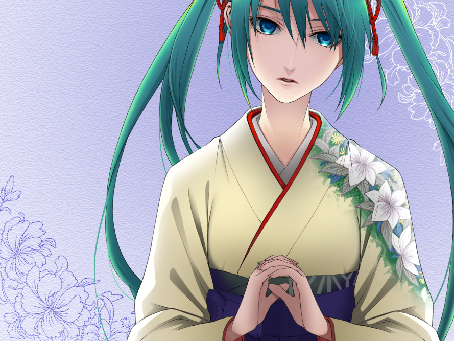 bad_id, blue_eyes, chimachi, floral_pattern, floral_print, hatsune_miku, japanese_clothes, kimono