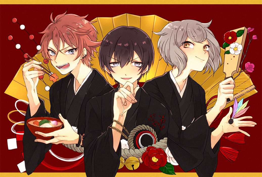 3boys, black_hair, eva_armstrong, fangs, grey_eyes, grey_hair, i-chu, japanese_clothes