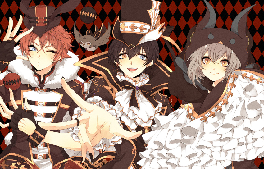 3boys, androgynous, bird, black_hair, blue_eyes, eva_armstrong, fingerless_gloves, frilled_shirt_collar