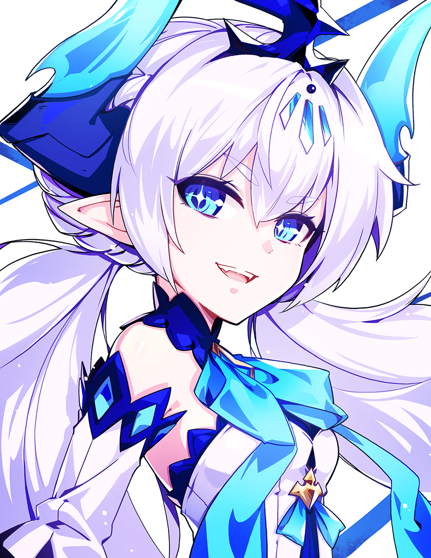1girl, bangs, bare_shoulders, blue_eyes, elbow_gloves, elsword, eyebrows, eyebrows_visible_through_hair, fangs, gloves, hair_between_eyes, horns, hwansang, long_hair, looking_at_viewer, luciela_r._sourcream, noblesse_(elsword), open_mouth, pointy_ears, smile, solo, strapless, symbol-shaped_pupils, upper_body, white_hair