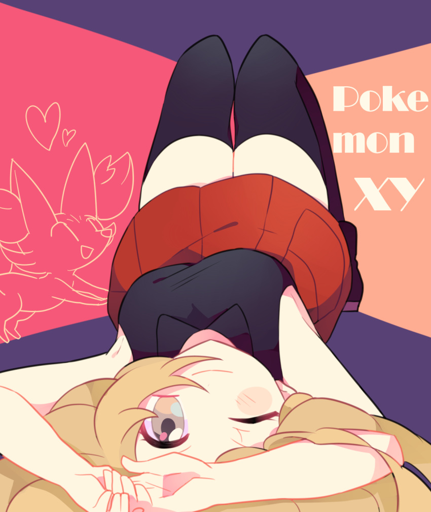 1girl, black_legwear, blonde_hair, blush, copyright_name, fennekin, heart, highres