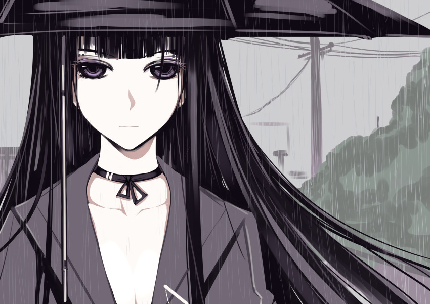 1girl, absurdres, highres, hime_cut, ice_dragon_(artist), long_hair, original, rain