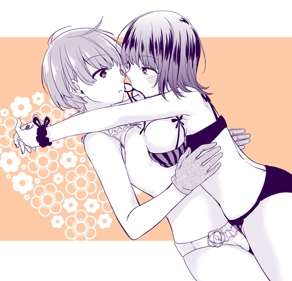 2girls, asymmetrical_docking, bangs, bikini, bikini_lift, blush, breast_press, breasts