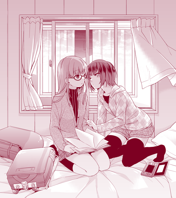 2girls, alternate_hair_length, alternate_hairstyle, argyle, arm_support, backpack, backpack_removed, bag