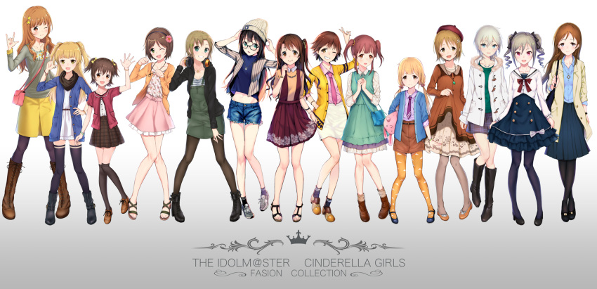 akagi_miria, anastasia_(idolmaster), bespectacled, black_hair, blonde_hair, blush, brown_eyes, brown_hair, casual, deca_purio, engrish, everyone, full_body, futaba_anzu, glasses, green_eyes, hat, headphones, highres, honda_mio, idolmaster, idolmaster_cinderella_girls, jougasaki_rika, kanzaki_ranko, lineup, long_hair, looking_at_viewer, maekawa_miku, mimura_kanako, moroboshi_kirari, nitta_minami, ogata_chieri, one_eye_closed, open_mouth, pantyhose, ranguage, shibuya_rin, shimamura_uzuki, short_hair, smile, tada_riina, thigh-highs, twintails, two_side_up