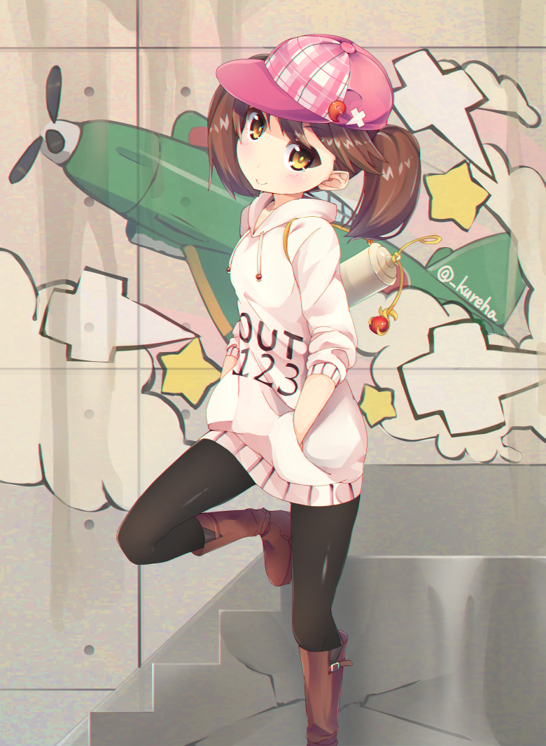 1girl, aircraft, airplane, black_legwear, blush, boots, brown_hair, casual