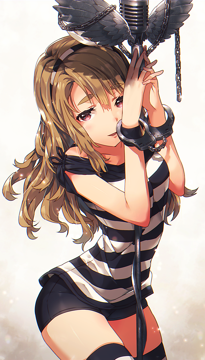 1girl, :d, arms_up, black_shorts, chain, collarbone, cowboy_shot, cuffs