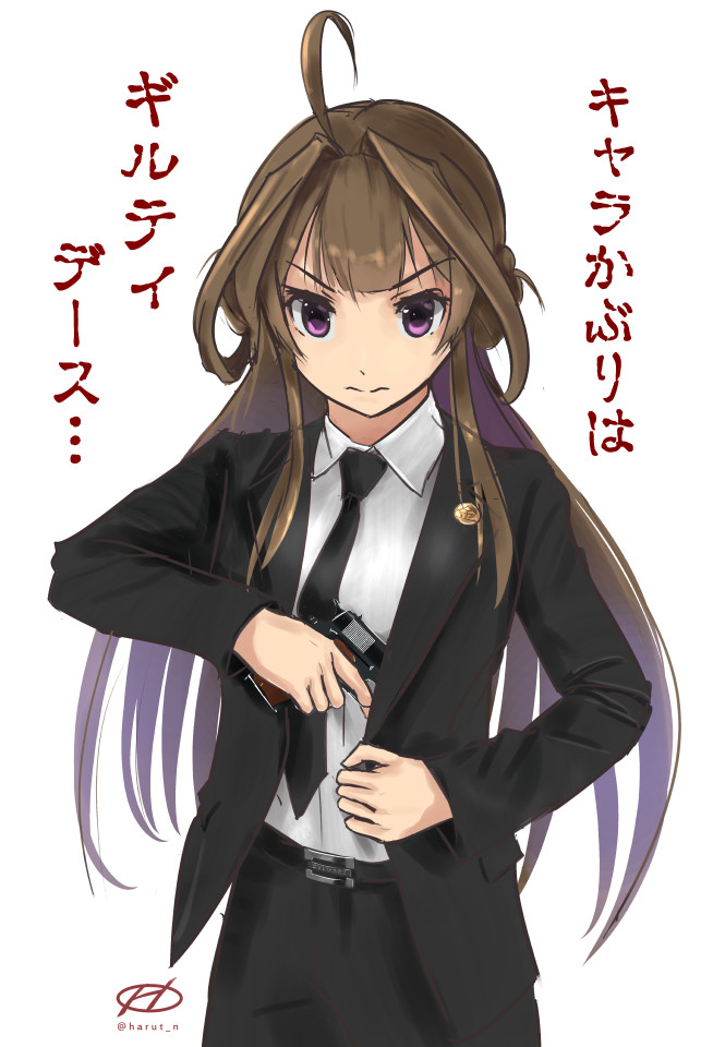1girl, ahoge, alternate_costume, belt, black_necktie, brown_hair, commentary_request, double_bun