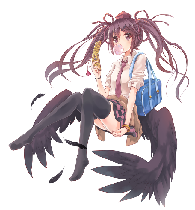 1girl, adapted_costume, alternate_costume, bag, black_legwear, black_wings, bracelet, brown_eyes, brown_hair, bubblegum, cellphone, checkered, checkered_skirt, feathers, fuente, full_body, hair_ornament, hair_ribbon, handbag, hat, himekaidou_hatate, jewelry, long_hair, looking_at_viewer, low_wings, miniskirt, necktie, panties, phone, ribbon, school_uniform, shirt, short_sleeves, skirt, solo, thigh-highs, tokin_hat, touhou, twintails, underwear, wings