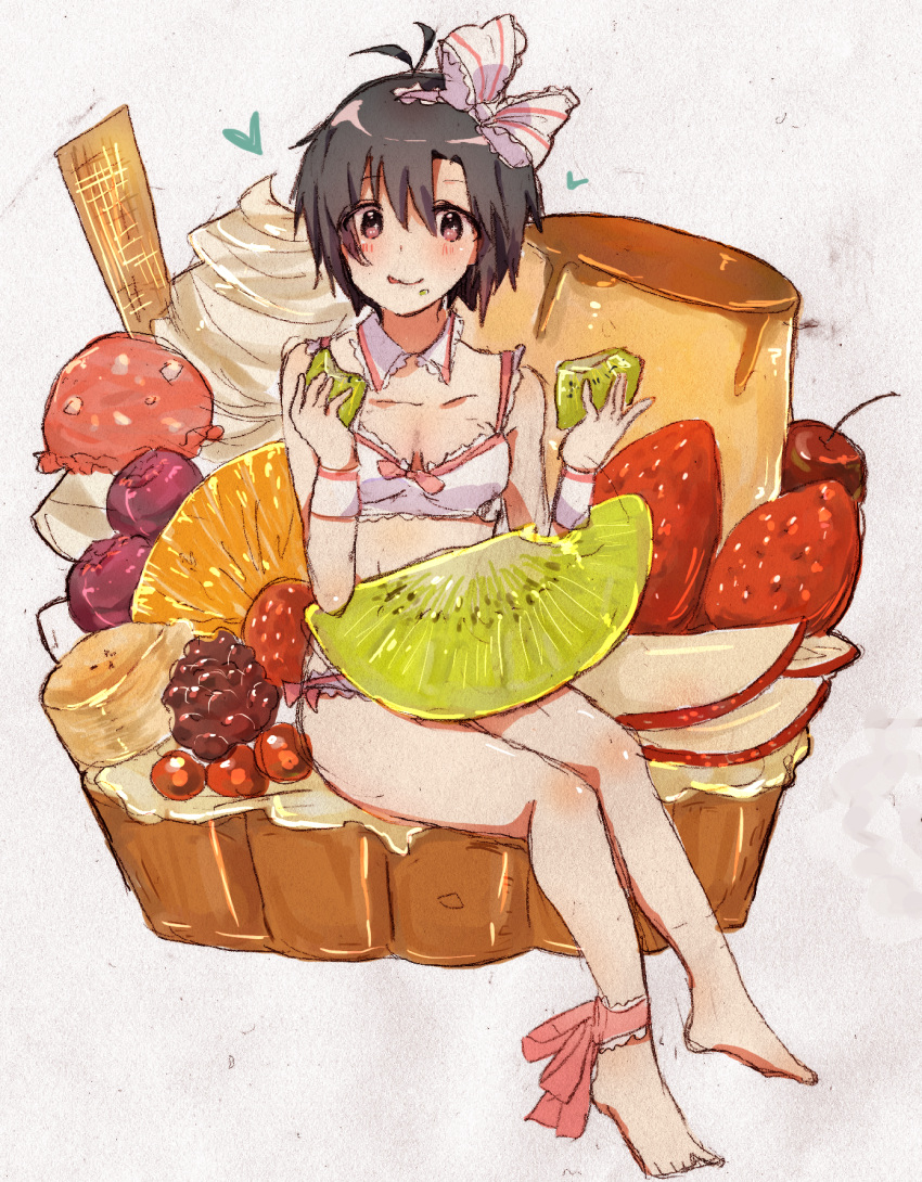 1girl, :p, ankle_ribbon, antenna_hair, apple, barefoot, black_hair, bow