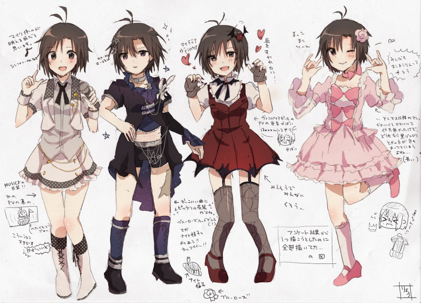 >_<, 2girls, ;), antenna_hair, black_eyes, black_hair, blush, boots, bow, chibi, closed_eyes, cross-laced_footwear, flying_sweatdrops, frills, full_body, garter_belt, garter_straps, hagiwara_yukiho, hair_between_eyes, hair_ornament, heart, highres, idolmaster, kikuchi_makoto, kneehighs, legwear, long_sleeves, looking_at_viewer, multiple_girls, nail_polish, neck_ribbon, nishina_ryo, one_eye_closed, open_mouth, puffy_short_sleeves, puffy_sleeves, ribbon, short_hair, short_sleeves, smile, standing, standing_on_one_leg, text, thigh-highs, traditional_media, vampire_costume, wristband, zettai_ryouiki