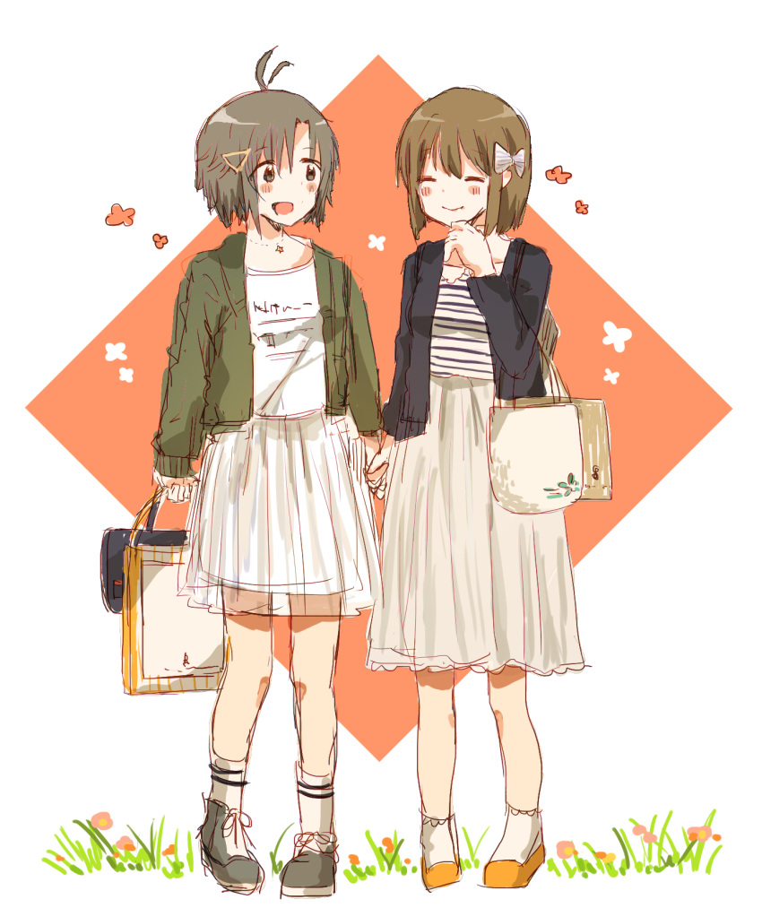2girls, :d, bag, black_eyes, black_hair, blush, blush_stickers, bow