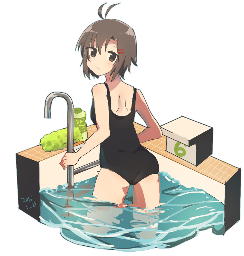1girl, antenna_hair, ass, black_eyes, black_hair, blush, dated, hair_ornament