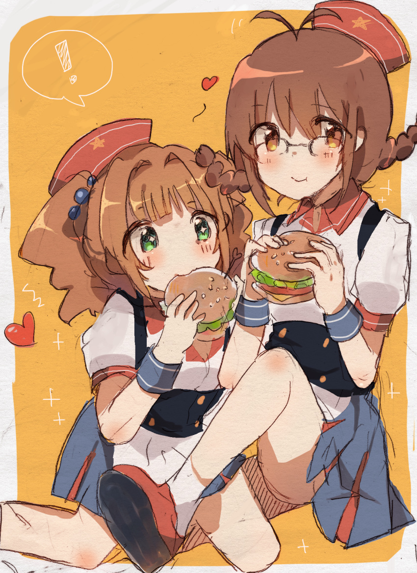 !, 2girls, :3, :t, akizuki_ritsuko, antenna_hair, blush, brown_eyes