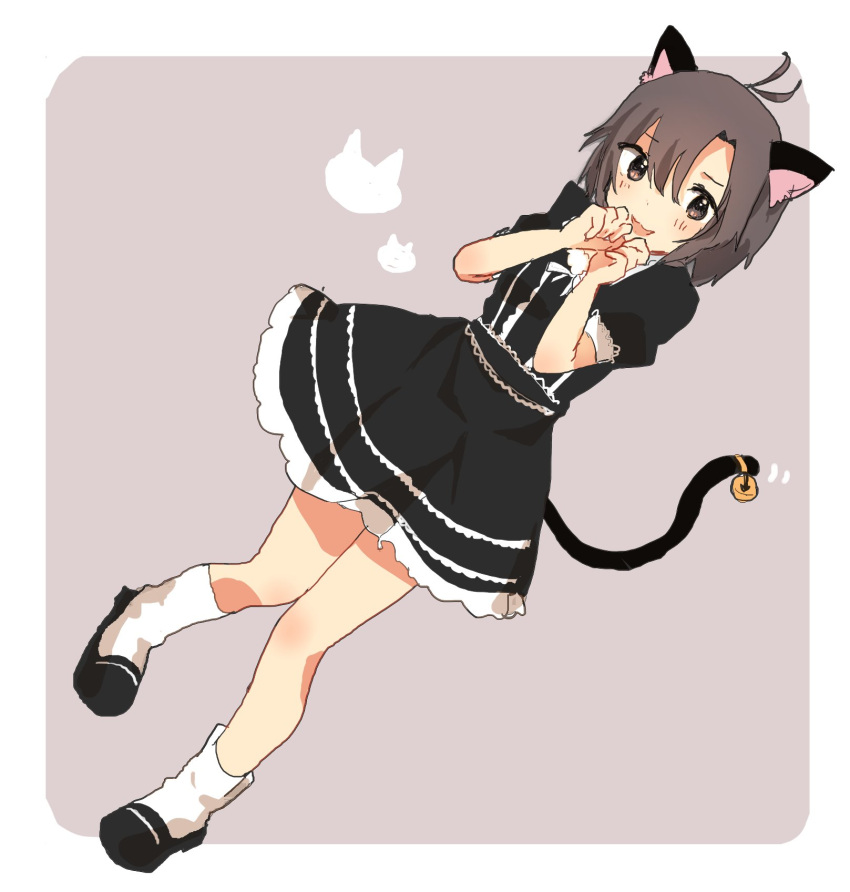 1girl, :3, ahoge, animal_ears, antenna_hair, bell, black_eyes, black_hair