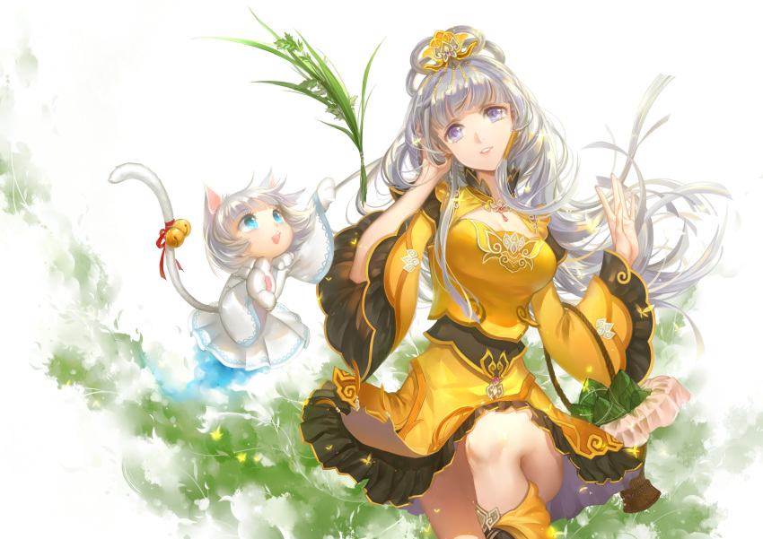 1girl, absurdres, animal_ears, boots, cat_ears, cat_gloves, cat_tail, character_request, chinese_clothes, ching_nu_yu_hun, dress, hair_ornament, hair_rings, highres, huazha01, long_hair, official_art, open_mouth, original, silver_hair, smile, tail, violet_eyes