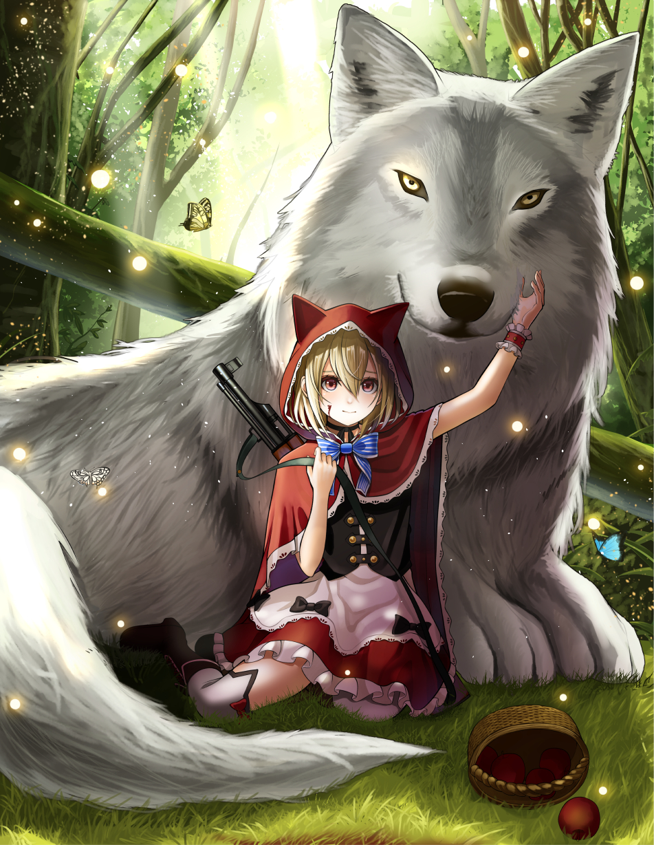 1girl, ak-47, animal, animal_hood, apple, arm_up, assault_rifle, basket