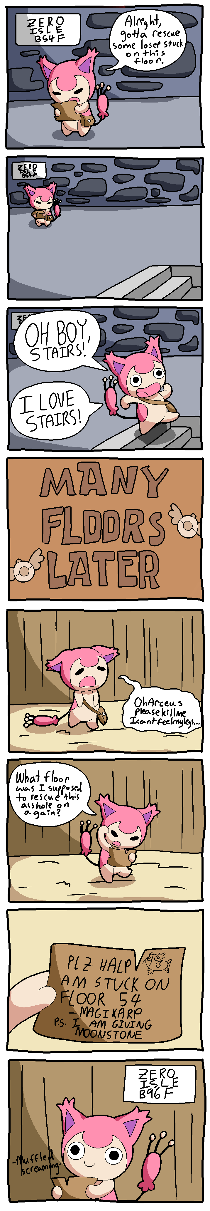 absurdres, bag, black_eyes, comic, dungeon, eeveeheart151, english, fushigi_no_dungeon, gameplay_mechanics, highres, long_image, magikarp, no_humans, note, pokemon, pokemon_(creature), pokemon_(game), pokemon_fushigi_no_dungeon, skitty, stairs, tall_image, truth
