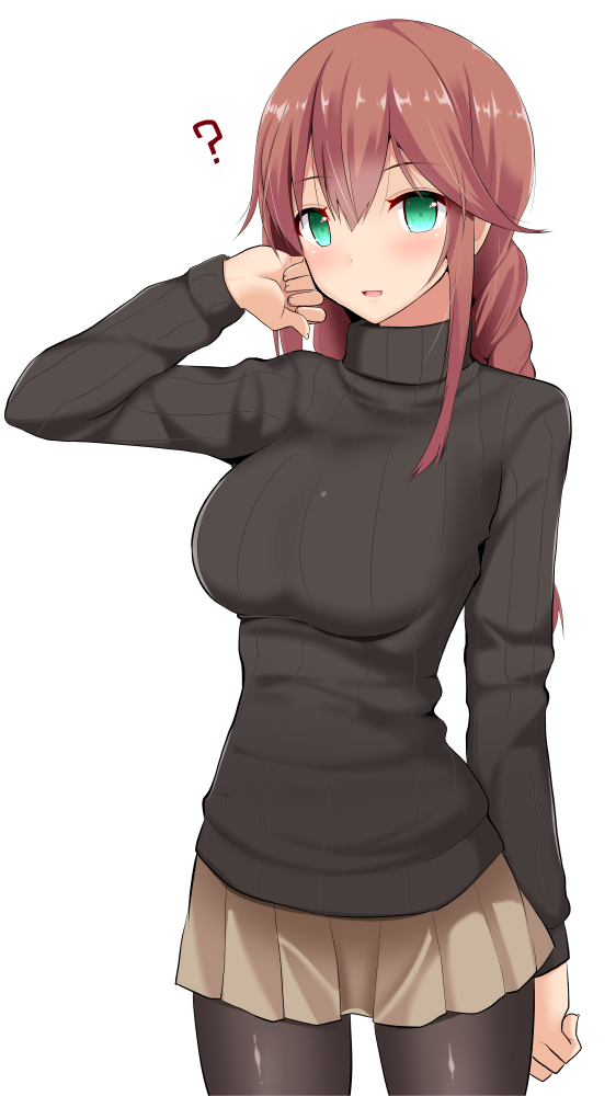1girl, ?, alternate_costume, black_legwear, blush, braid, breasts, brown_hair