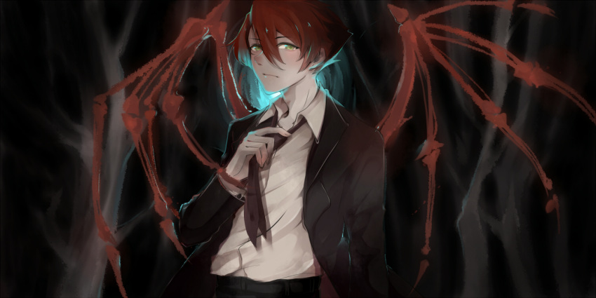 1boy, adam's_apple, akasaki_minato, bone_wings, cevio, formal, green_eyes, luza_(moeluw), male_focus, necktie, redhead, solo, suit, upper_body, white_skin, wings
