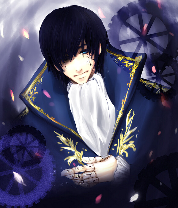 1boy, black_eyes, blue_eyes, blue_hair, coat, gauntlets, gear, gears, hai_wa_hai_ni_(vocaloid), heterochromia, kaito, kotomi, male, petals, requiem_(module), short_hair, solo, vocaloid