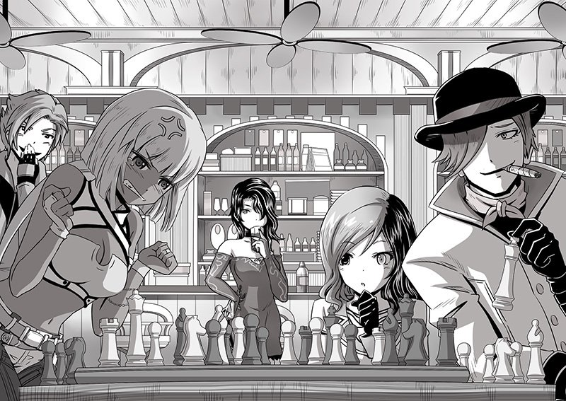 2boys, 3girls, anger_vein, bangs, bare_shoulders, black_gloves, blunt_bangs, board_game