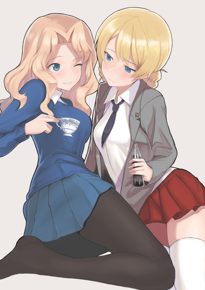 2girls, alternate_costume, blonde_hair, blue_eyes, blush, bottle, breasts, cosplay, costume_switch, cup, darjeeling, darjeeling_(cosplay), girls_und_panzer, glass_bottle, green_eyes, jacket, kay_(girls_und_panzer), kay_(girls_und_panzer)_(cosplay), kneeling, long_hair, multiple_girls, necktie, one_eye_closed, pantyhose, skirt, smile, soda_bottle, takenaka_koudai, teacup, thighs, uniform, white_background, yuri