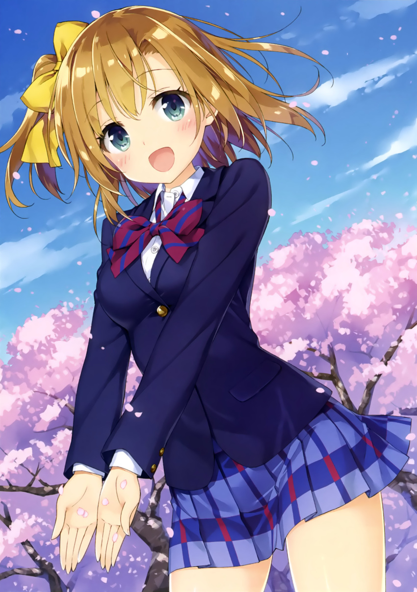 1girl, :d, blazer, blue_eyes, bow, bowtie, cherry_blossoms, collared_shirt, dress_shirt, dutch_angle, hair_bow, highres, jacket, kousaka_honoka, long_sleeves, love_live!_school_idol_project, miniskirt, open_mouth, orange_hair, outdoors, outstretched_arms, peko, petals, pleaded_skirt, red_bow, red_bowtie, scan, school_uniform, shirt, side_ponytail, skirt, smile, solo, striped, striped_bow, striped_bowtie, white_shirt, wind, wing_collar, yellow_bow